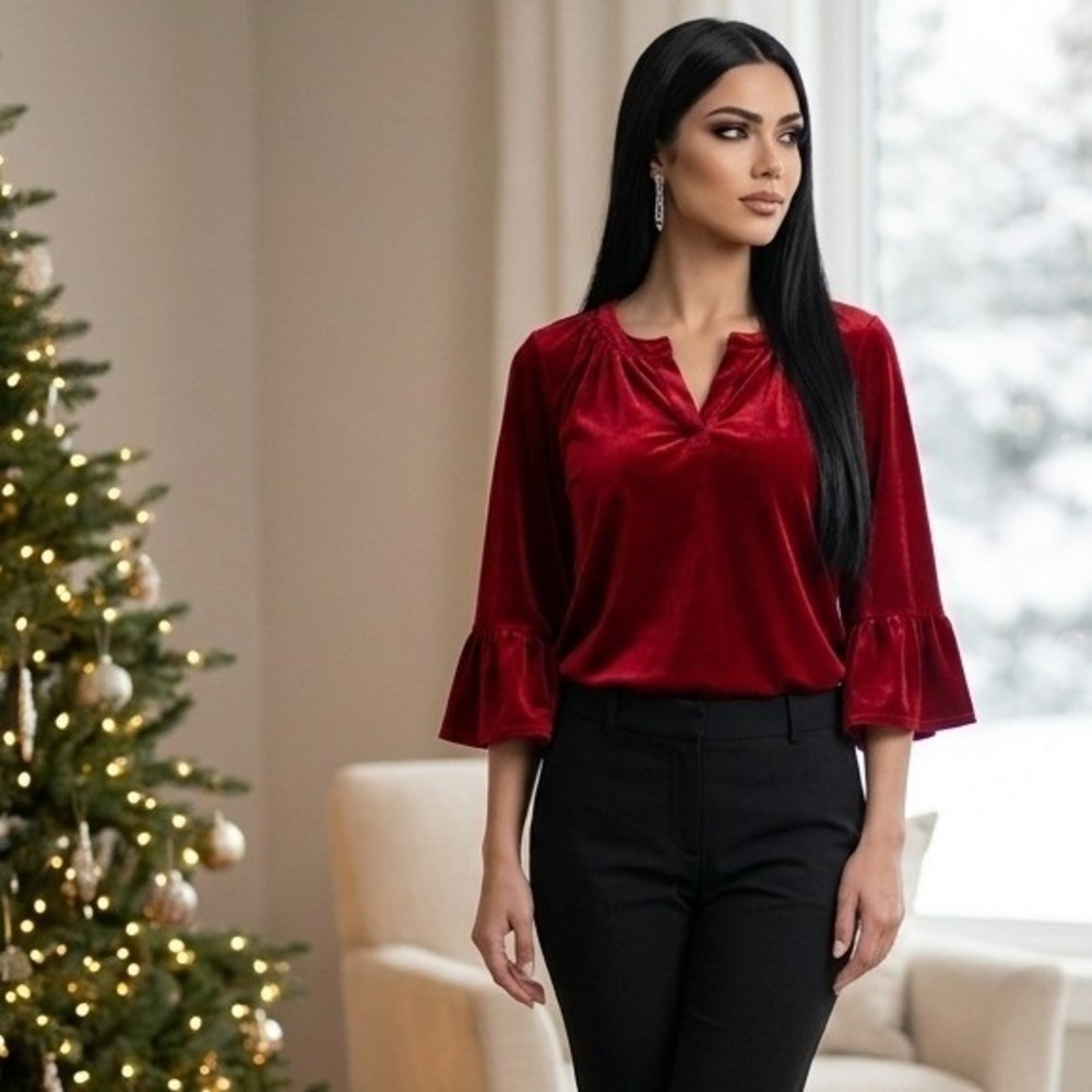 Caffe Marrakesh Red Velvet Ruffle Bell Sleeve Blouse Top Holiday Gothic Womens S